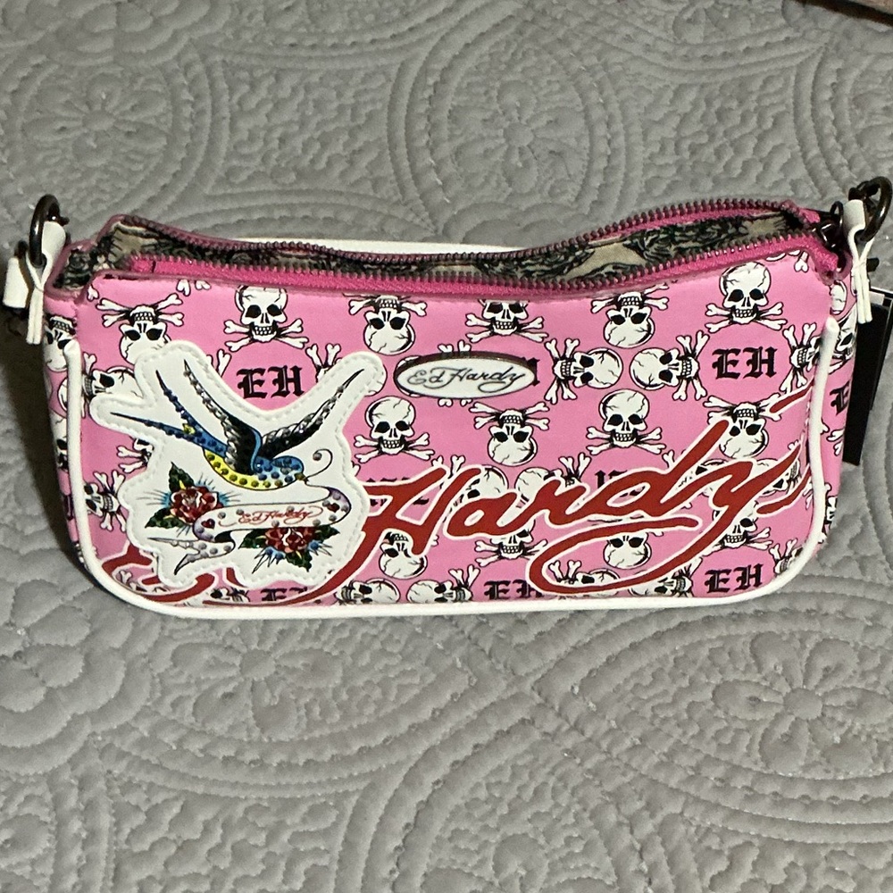 Ed Hardy Pink and White Skull Print Clutch